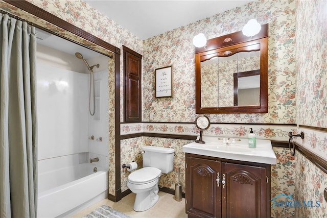 5605 Weckerly Rd, Whitehouse, OH 43571 - bathroom with vanity, shower / bathing tub combination, toilet, and wallpapered walls