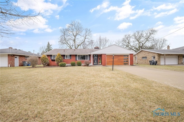 single story home featuring a garage, a front yard, brick siding, and a chimney