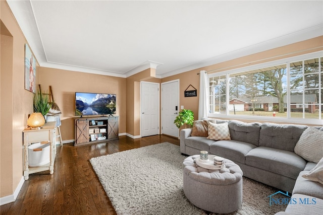 living room with crown molding, dark wood finished floors, and baseboards