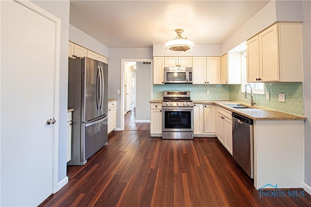 kitchen with stainless steel appliances, dark wood finished floors, a sink, and decorative backsplash