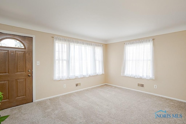 entrance foyer featuring carpet flooring, plenty of natural light, baseboards, and visible vents