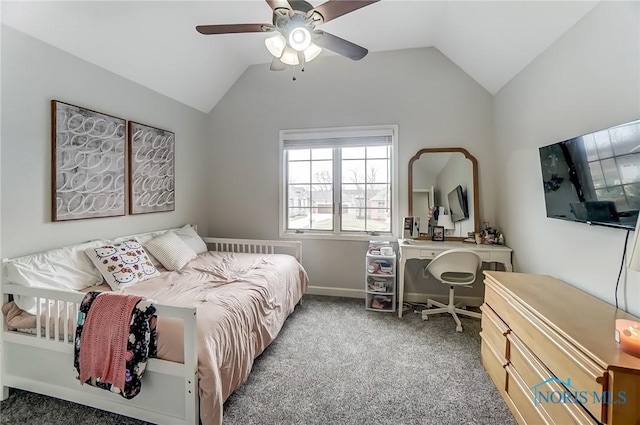 bedroom with lofted ceiling, carpet floors, ceiling fan, and baseboards