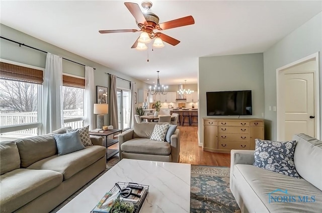 living area featuring ceiling fan with notable chandelier and wood finished floors