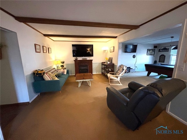 carpeted living area with pool table, beam ceiling, a fireplace, and baseboards