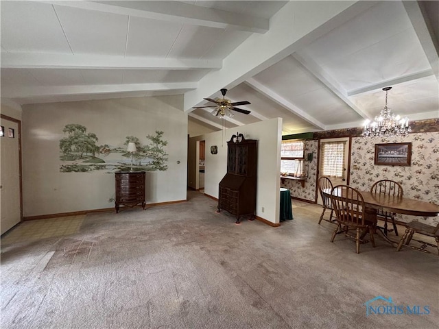 interior space with wallpapered walls, vaulted ceiling with beams, baseboards, and ceiling fan with notable chandelier