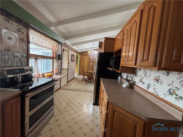 kitchen featuring wallpapered walls, black microwave, vaulted ceiling with beams, double oven range, and a chandelier