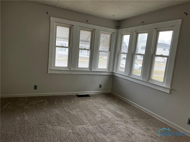 spare room with baseboards, visible vents, and carpet flooring