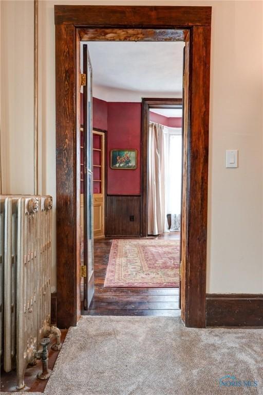 corridor featuring radiator and carpet