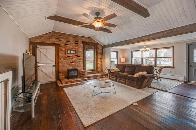 living room featuring brick wall, dark wood finished floors, lofted ceiling with beams, a wood stove, and baseboard heating