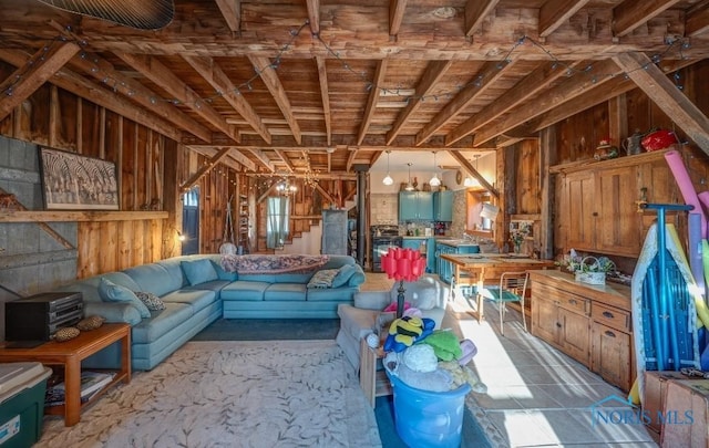 interior space with wooden ceiling and wood walls
