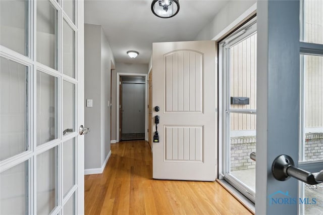 doorway to outside featuring a healthy amount of sunlight, light wood finished floors, and baseboards