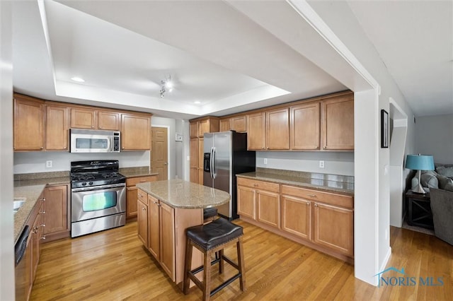 kitchen with stainless steel appliances, a raised ceiling, a kitchen island, and light wood-style flooring