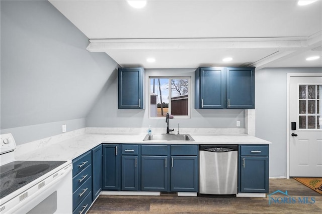 kitchen featuring blue cabinets, electric stove, dishwasher, and a sink