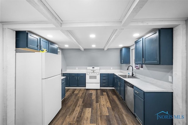 kitchen featuring white appliances, dark wood-style floors, light countertops, blue cabinetry, and a sink