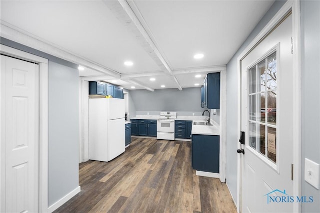 kitchen featuring dark wood-type flooring, white appliances, light countertops, and blue cabinetry