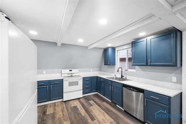 kitchen with a sink, blue cabinets, white electric stove, and stainless steel dishwasher