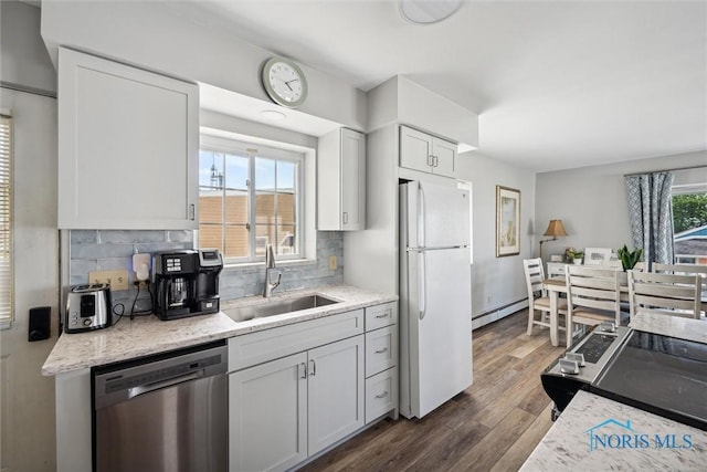 kitchen featuring backsplash, dark wood-type flooring, stainless steel dishwasher, a baseboard heating unit, and a sink