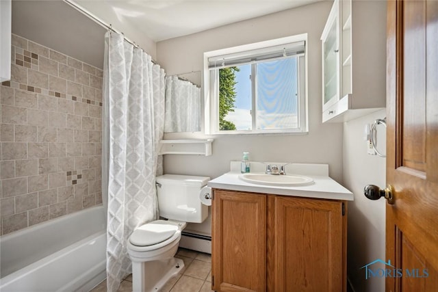 full bath featuring toilet, vanity, baseboard heating, tile patterned floors, and shower / bath combo with shower curtain