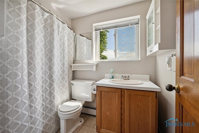 bathroom featuring a baseboard radiator, toilet, tile patterned flooring, vanity, and a shower with curtain