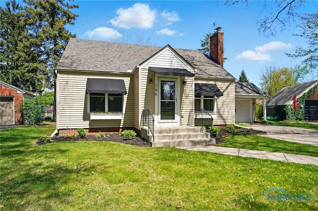 bungalow-style house with roof with shingles, a front lawn, a garage, a chimney, and concrete driveway