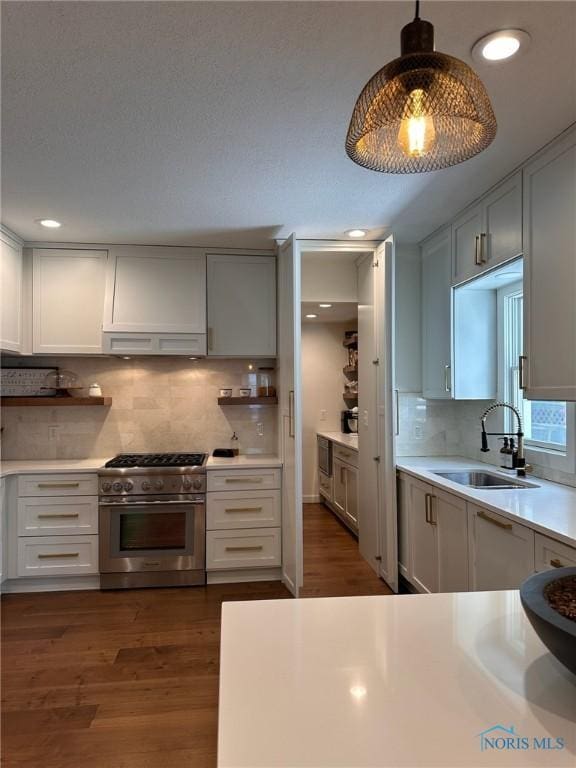 kitchen with high end stove, light countertops, a sink, and dark wood-style flooring