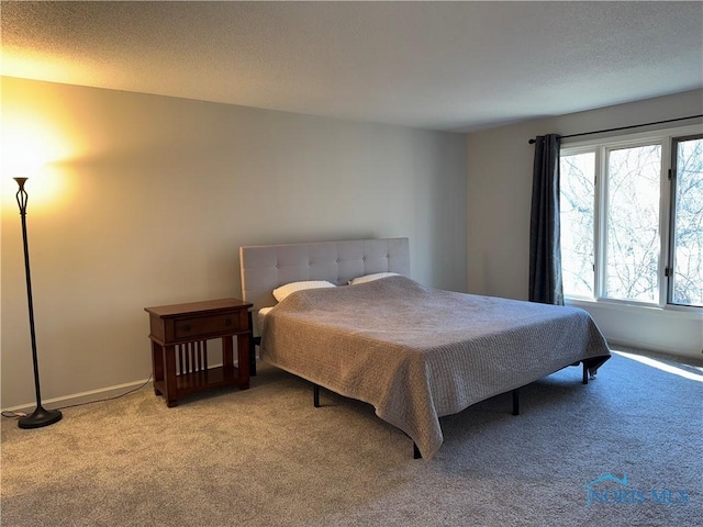 carpeted bedroom with a textured ceiling and baseboards