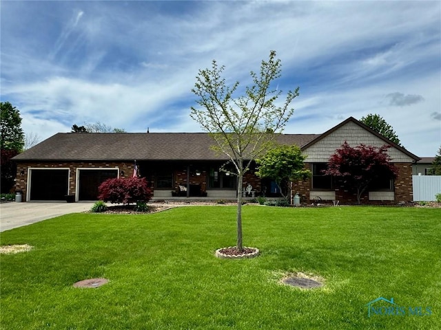 ranch-style house featuring an attached garage, concrete driveway, brick siding, and a shingled roof