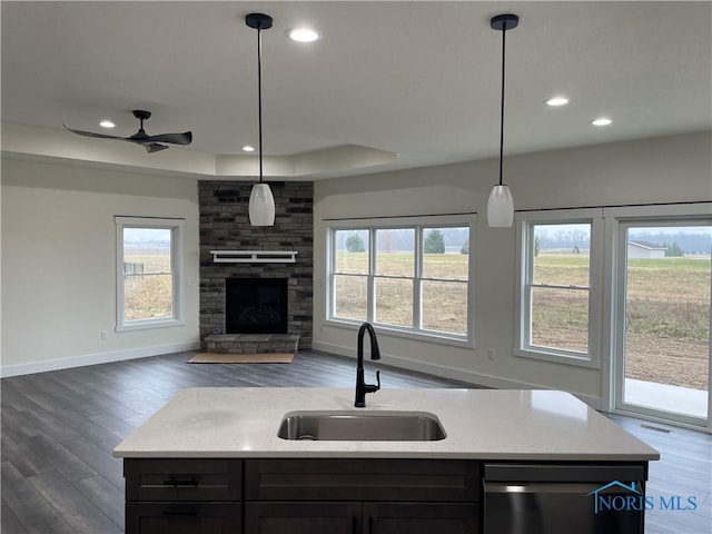 9641 Early Dr, Findlay, OH 45840 - kitchen featuring open floor plan, dishwasher, a tray ceiling, wood finished floors, and a sink
