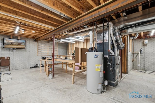 14540 Olde Trail Dr, Perrysburg, OH 43551 - unfinished basement with gas water heater, heating unit, and brick wall