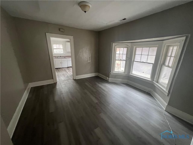 unfurnished dining area featuring dark wood finished floors, visible vents, baseboards, and a sink