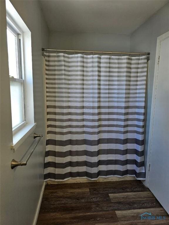 bathroom featuring wood finished floors and a shower with curtain
