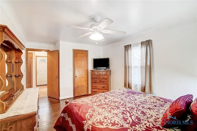 bedroom with a ceiling fan and wood finished floors