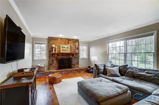 living area with wood finished floors, a fireplace, and ornamental molding