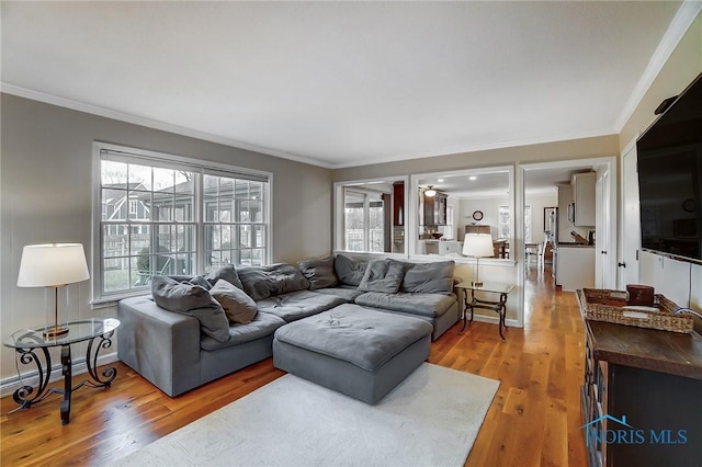 living room featuring baseboards, wood finished floors, and ornamental molding