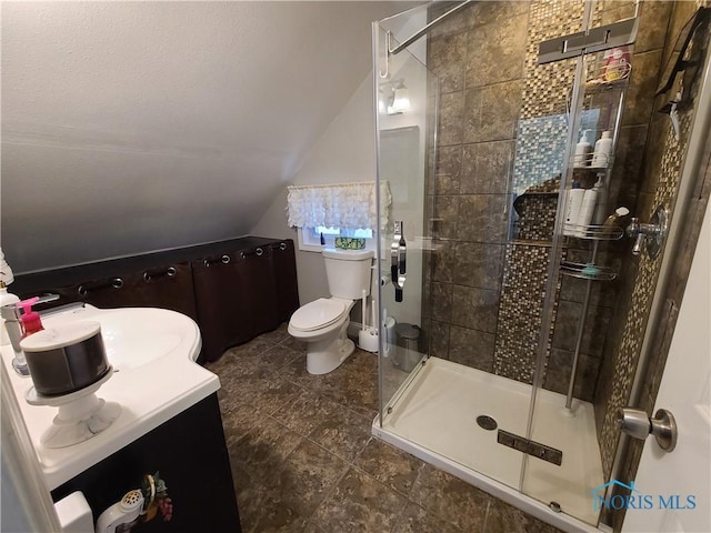 full bathroom with lofted ceiling, toilet, vanity, and a shower stall