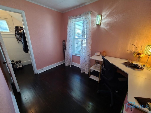 office space featuring dark wood finished floors, crown molding, and baseboards