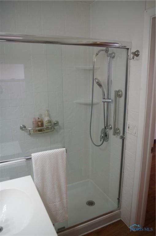 bathroom with a shower stall and a sink