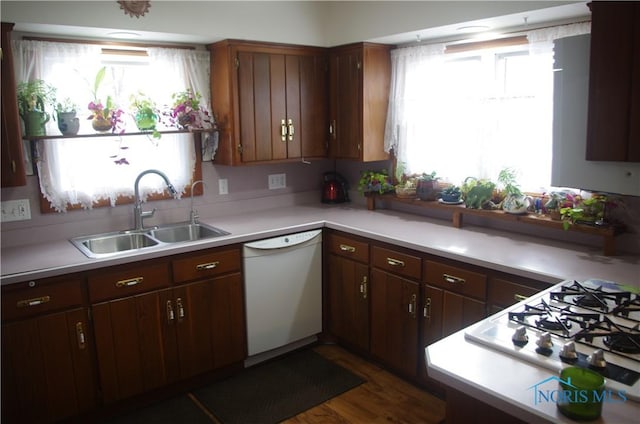 kitchen with plenty of natural light, white appliances, light countertops, and a sink