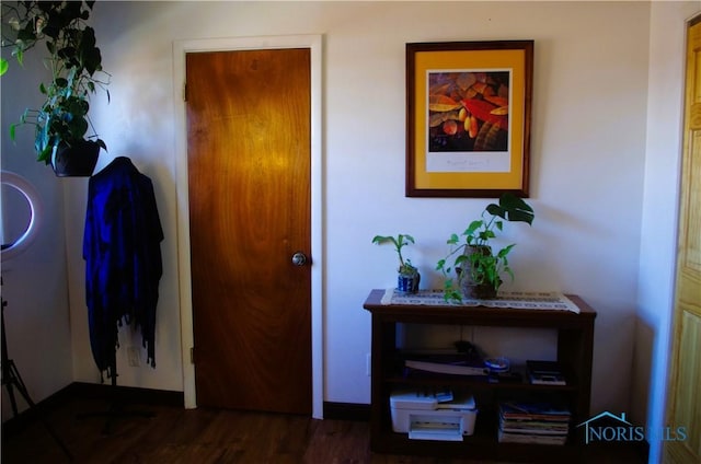 hallway featuring wood finished floors and baseboards