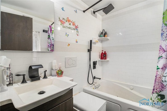 full bath featuring toilet, tasteful backsplash, tile walls, shower / tub combo, and vanity