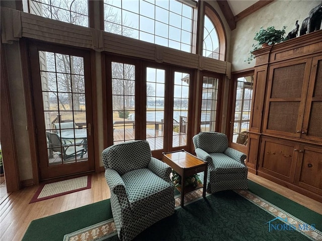 sitting room with a high ceiling and light wood-type flooring