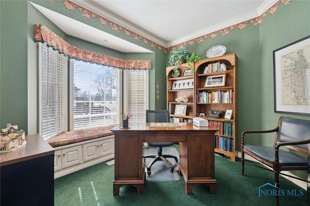 office space featuring dark colored carpet and ornamental molding