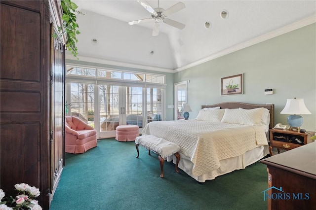 carpeted bedroom featuring crown molding, vaulted ceiling, french doors, a ceiling fan, and access to outside