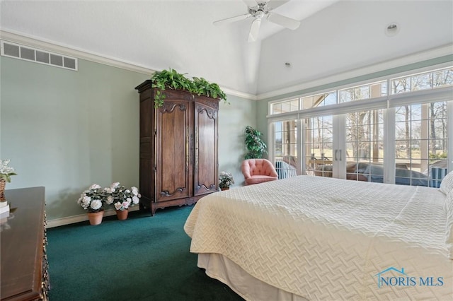 bedroom with visible vents, ornamental molding, french doors, dark colored carpet, and baseboards