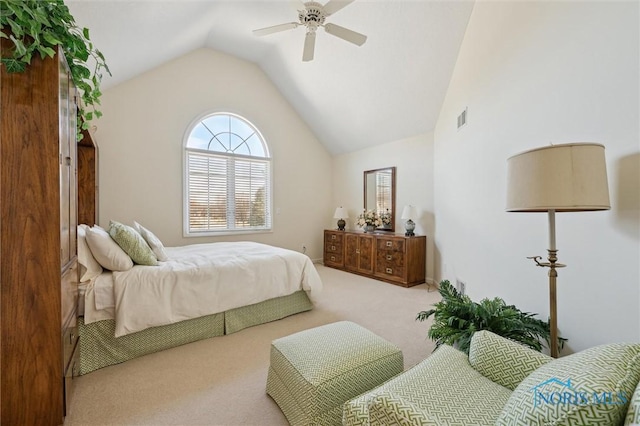 carpeted bedroom featuring vaulted ceiling, a ceiling fan, and visible vents