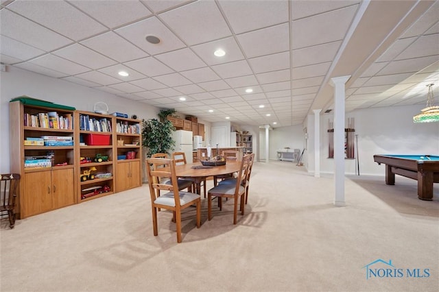 dining area featuring recessed lighting, baseboards, light carpet, and pool table
