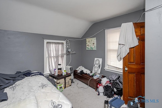 carpeted bedroom with vaulted ceiling