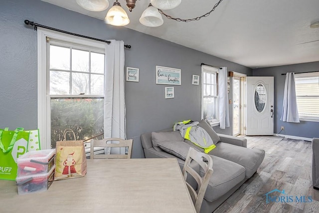 living area featuring baseboards and wood finished floors