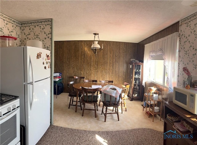 carpeted dining area with a textured ceiling