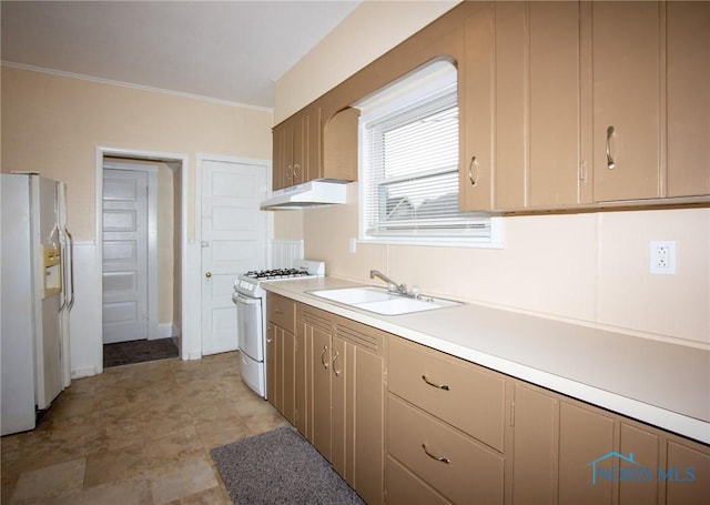 kitchen with white appliances, ornamental molding, a sink, light countertops, and under cabinet range hood